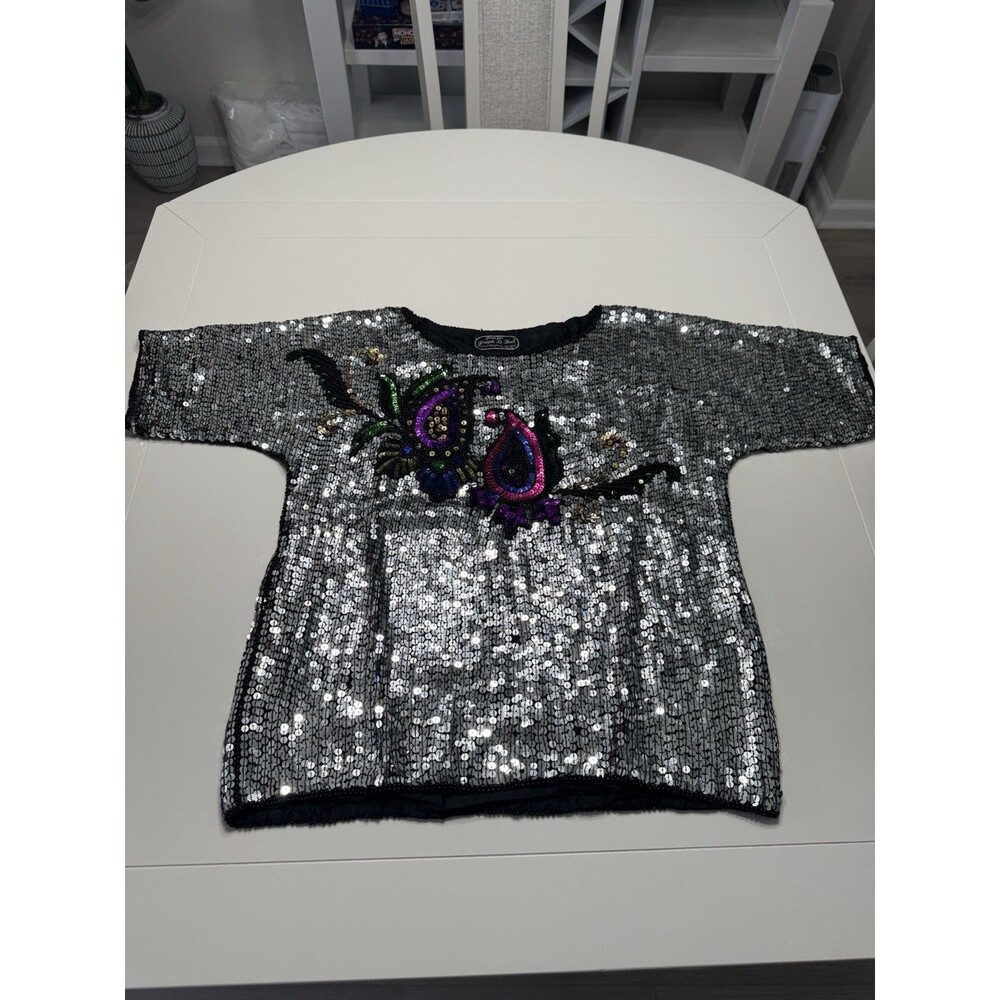 VTG Jean For Joseph Le Bon Sequined Silk Top Size Small Sheer Black - Birds
